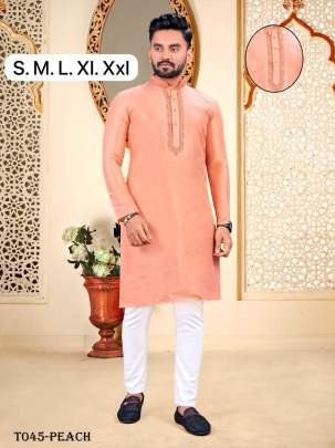 Men Embroidery Work Mulbari Peach Kurta With Pyjama Set