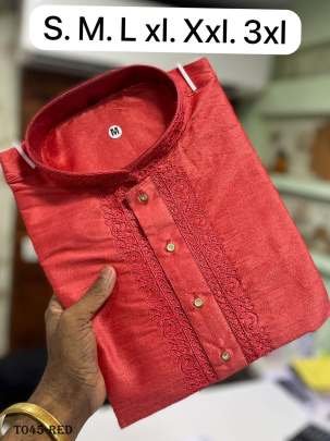 Latest Embroidery Work Red Kurta With Pyjama Set For Men