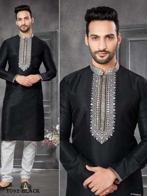 Men Geometric Black Cotton Kurta Pajama Set For Mens Wear