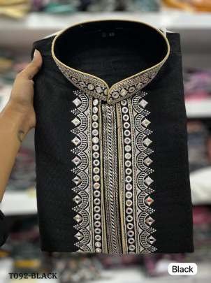 Men Geometric Black Cotton Kurta Pajama Set For Mens Wear