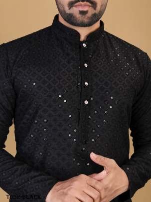 Men Manyawar Cotton Rayon Black Kurta