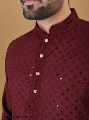 Manyawar Mens Cotton Rayon Maroon Kurta With Pajama Set