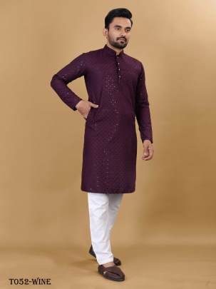 Men Manyawar Cotton Rayon Wine Kurta With Pajama Set
