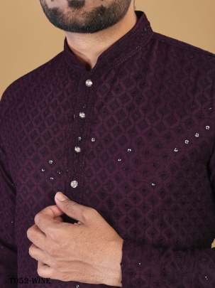 Men Manyawar Cotton Rayon Wine Kurta With Pajama Set