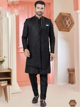Men Party Wear Black Pure Silk Indo Western