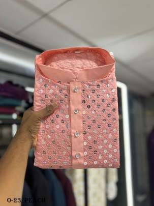 Mens Peach Kurta With Heavy Embroidery Work
