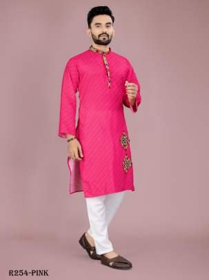 Men Traditional Navratri Pink Cotton Kurta Pajama With Gamthi Work
