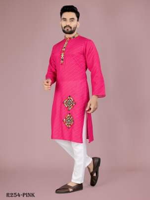 Men Traditional Navratri Pink Cotton Kurta Pajama With Gamthi Work