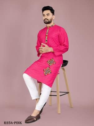 Men Traditional Navratri Pink Cotton Kurta Pajama With Gamthi Work