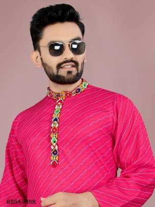 Men Traditional Navratri Pink Cotton Kurta Pajama With Gamthi Work