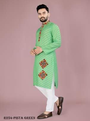 Men Traditional Navratri Pista Green Cotton Kurta Pajama With Gamthi Work