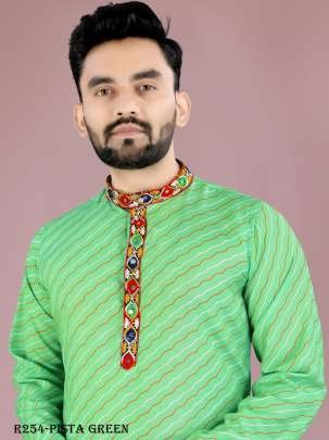 Men Traditional Navratri Pista Green Cotton Kurta Pajama With Gamthi Work