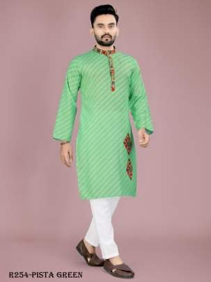 Men Traditional Navratri Pista Green Cotton Kurta Pajama With Gamthi Work