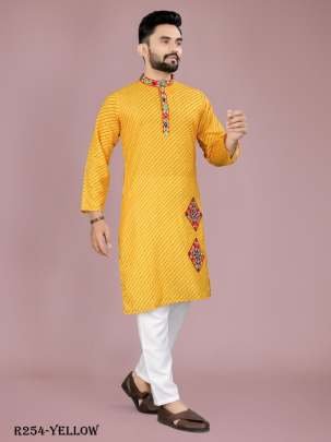 Men Traditional Navratri Yellow Cotton Kurta Pajama With Gamthi Work