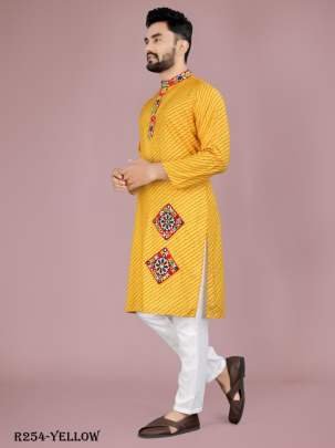 Men Traditional Navratri Yellow Cotton Kurta Pajama With Gamthi Work
