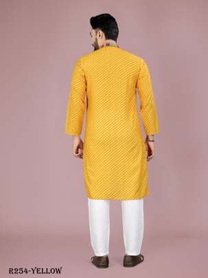Men Traditional Navratri Yellow Cotton Kurta Pajama With Gamthi Work