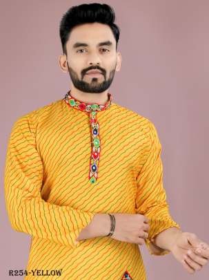 Men Traditional Navratri Yellow Cotton Kurta Pajama With Gamthi Work