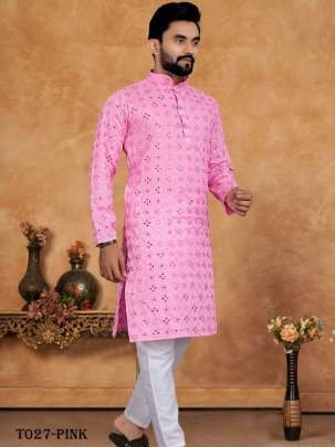 Wedding Wear Mens Embroidery Work Pink Kurta With Pajama Set
