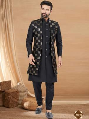 Mens Black Embroidered Zari Work Kurta With Jacket 
