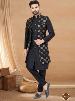 Mens Black Embroidered Zari Work Kurta With Jacket