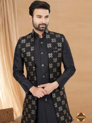 Mens Black Embroidered Zari Work Kurta With Jacket