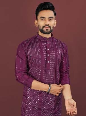 Mens Embroidery Wine Sequence Work Kurta Pajama Set