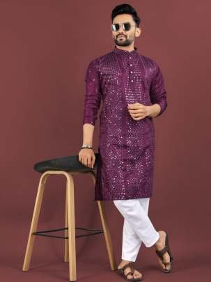 Mens Embroidery Wine Sequence Work Kurta Pajama Set