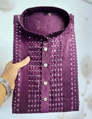 Mens Embroidery Wine Sequence Work Kurta Pajama Set