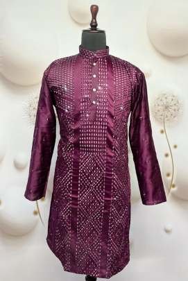 Mens Embroidery Wine Sequence Work Kurta Pajama Set