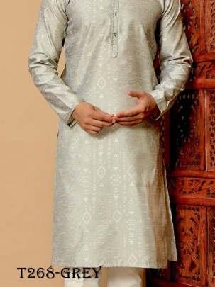 Mens Wear Grey Jacquard Silk Kurta Pajama