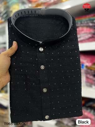 Mens Wear Cotton Jacquard Black Kurta With Pyjama Set
