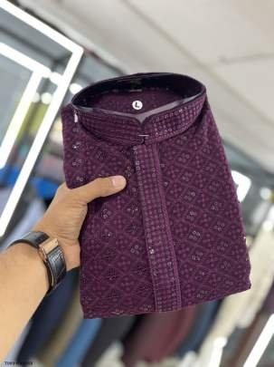 Mens Wear Lakhanawi Work Rayon Maroon Kurta With Pyjama Set 