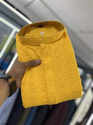 Mens Wear Lakhanawi Work Rayon Yellow Kurta With Pyjama Set 