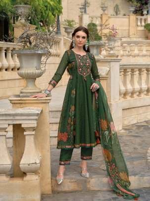 Meraki Exclusive Green Printed And Hand Work Anarkali Kurtis Pant Set