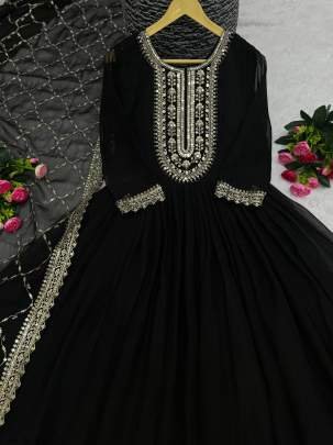 Mesmerizing Shimmer Silk Embroidery Sequins Work Black Gown Pant With Dupatta