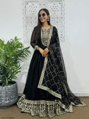 Mesmerizing Shimmer Silk Embroidery Sequins Work Black Gown Pant With Dupatta
