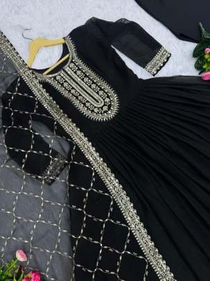 Mesmerizing Shimmer Silk Embroidery Sequins Work Black Gown Pant With Dupatta