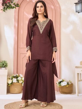 Minimal  Stylish Chinon Brown Trendy Cord Set 