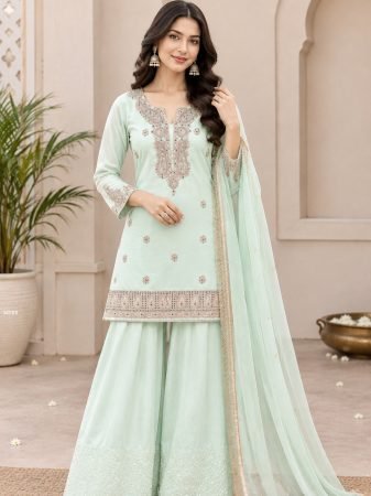 Mint Green Chinon Farsi Salwar Suit With Embroidered Work
