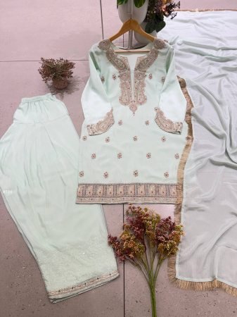 Mint Green Chinon Farsi Salwar Suit With Embroidered Work