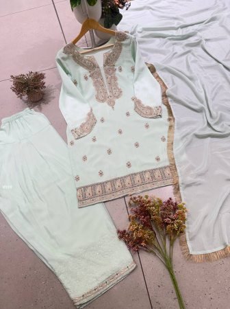 Mint Green Chinon Farsi Salwar Suit With Embroidered Work