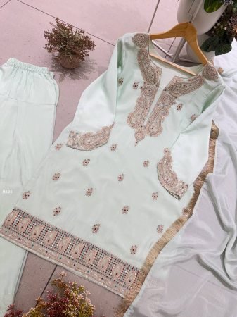 Mint Green Chinon Farsi Salwar Suit With Embroidered Work