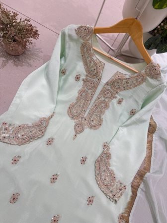 Mint Green Chinon Farsi Salwar Suit With Embroidered Work