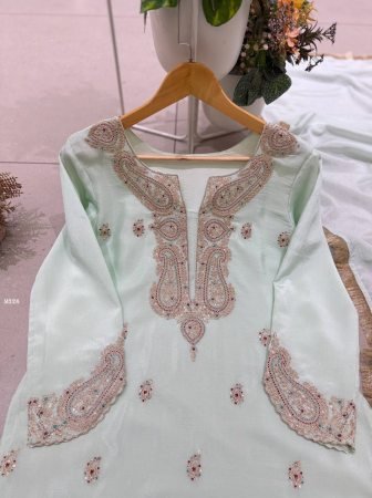 Mint Green Chinon Farsi Salwar Suit With Embroidered Work
