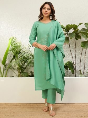 Mint Green Roman Silk Straight Kurta Pant Set