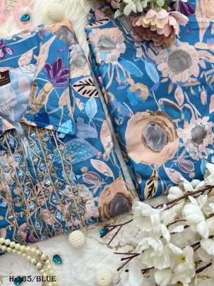 Mirror Hand Work Beautiful Heavy Muslin Blue Suit Set