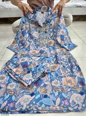 Mirror Hand Work Beautiful Heavy Muslin Blue Suit Set