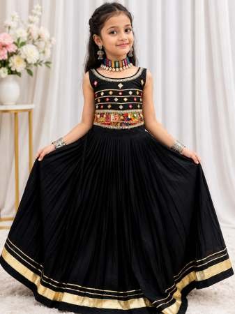 Mirror Hand Work Black Colour Kids Navrtri Lehenga