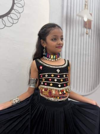 Mirror Hand Work Black Colour Kids Navrtri Lehenga