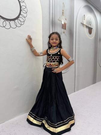 Mirror Hand Work Black Colour Kids Navrtri Lehenga